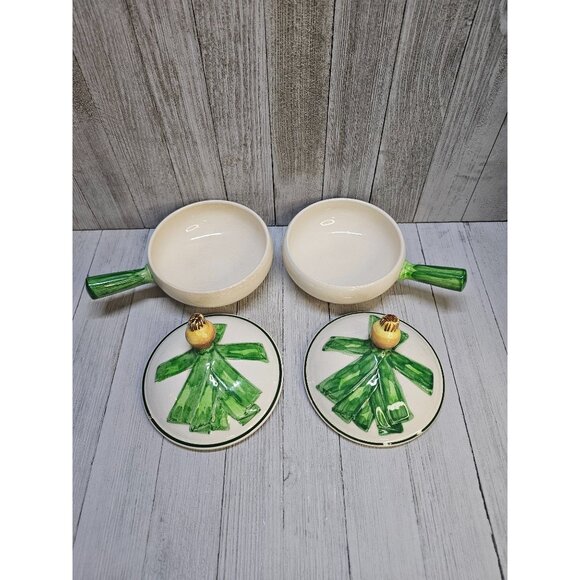 Vtg Ceramic Bowls with Handle and Lids Leek Design Set Of 2 - Made in Luxembourg - Picture 2 of 7